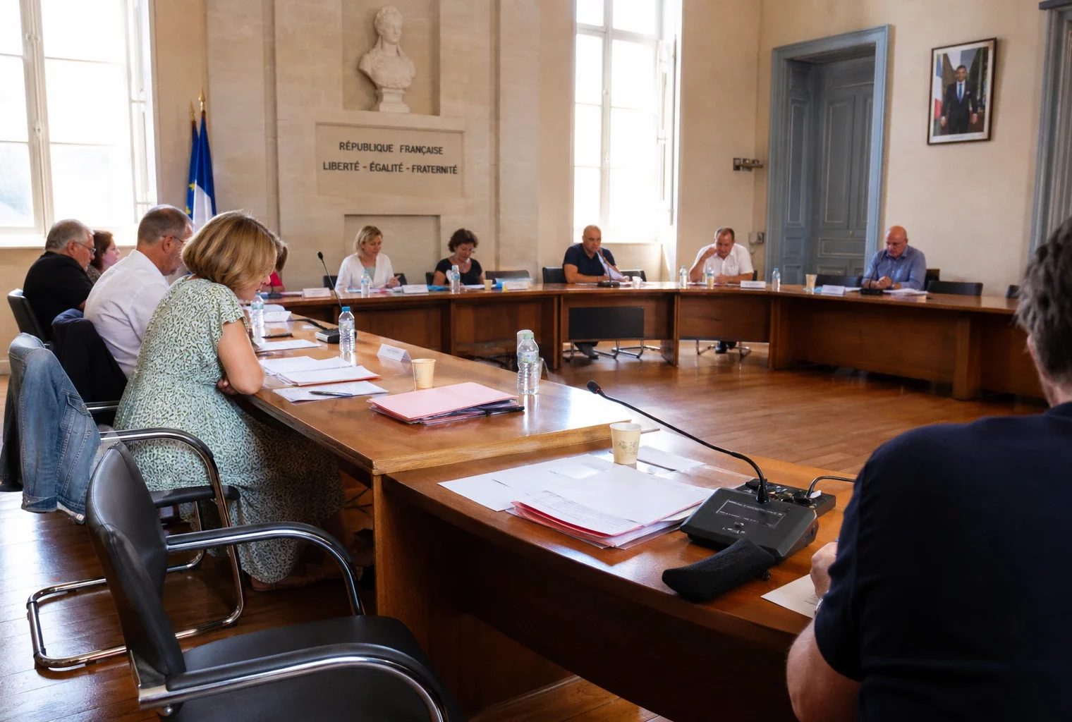 Salle municipale en Gironde avec micros, dossiers flous et chaise vide, dans une ambiance de réunion locale calme.