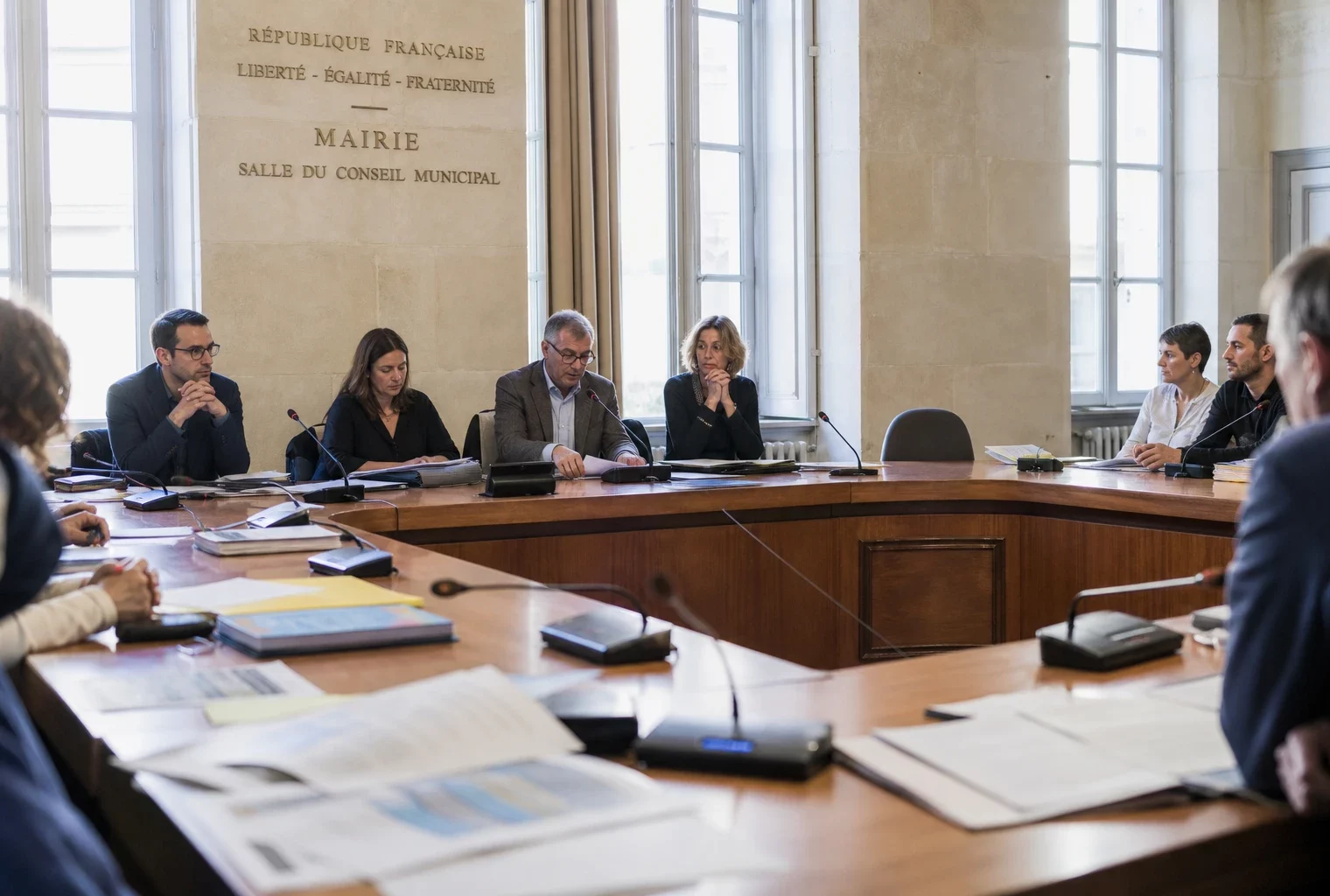 Salle du conseil municipal lumineuse avec chaise vide, micros et dossiers flous lors d’un débat public local.