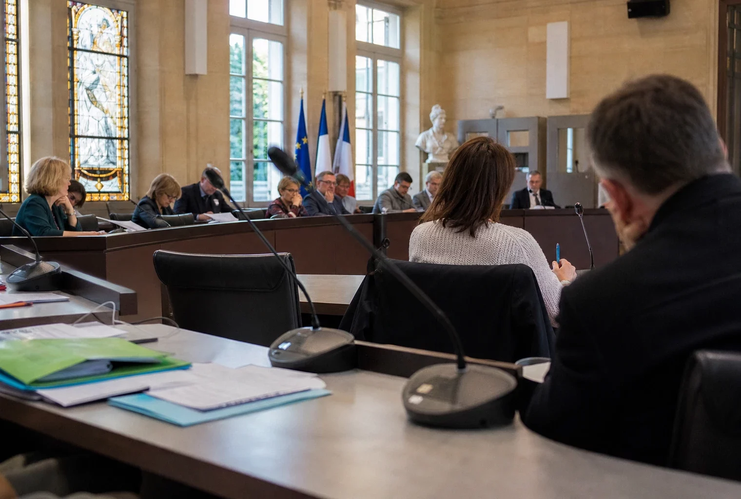 Salle municipale claire avec chaise vide, micros et dossiers flous, ambiance de conseil local en France.