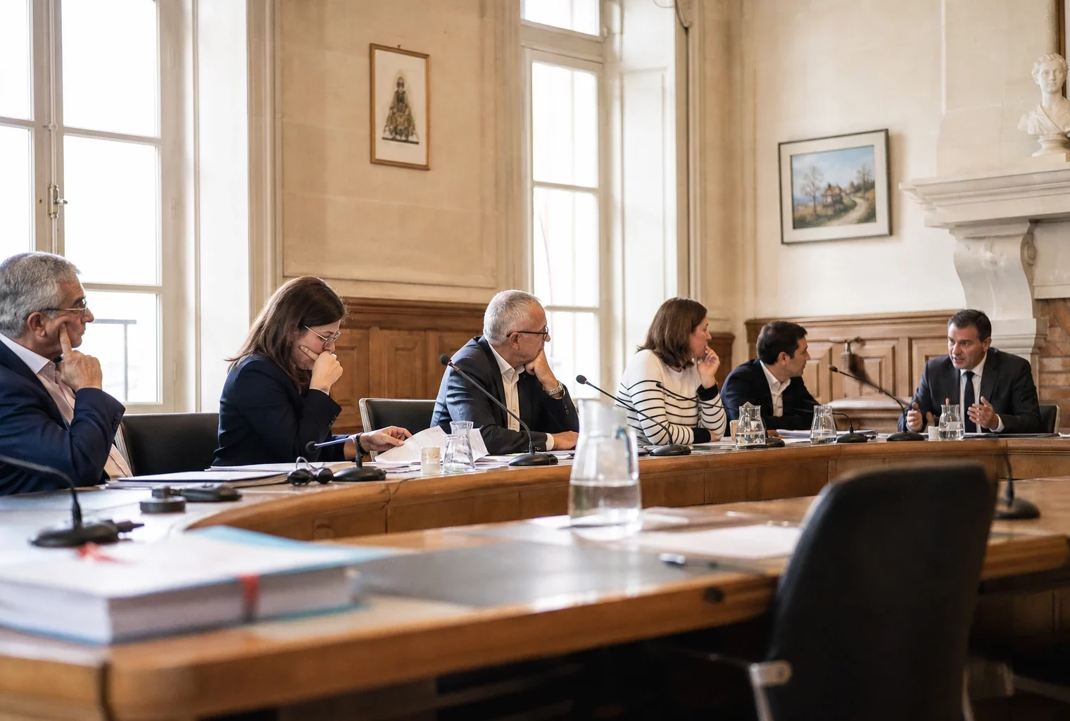 Salle municipale française avec chaise vide, micros et dossiers flous lors d’un conseil local.