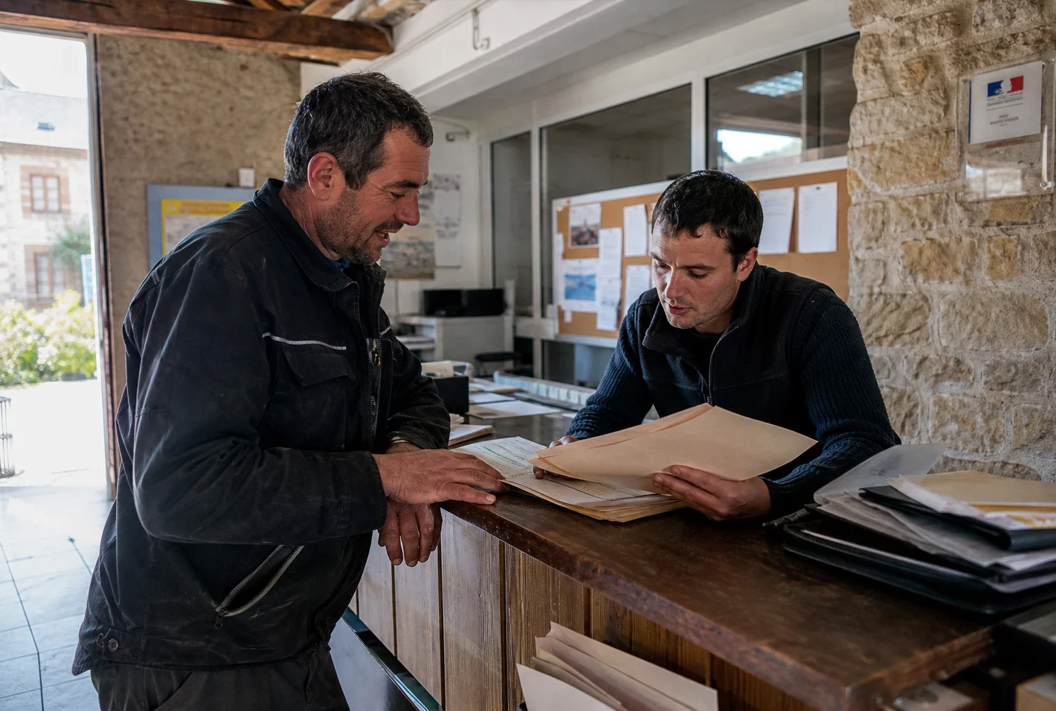 Dans une coopérative agricole de village, un farmer et une employée examinent des dossiers sur un comptoir en bois.