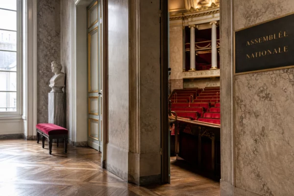 Couloir vide de l’Assemblée nationale avec lumière naturelle et sièges rouges visibles en arrière-plan