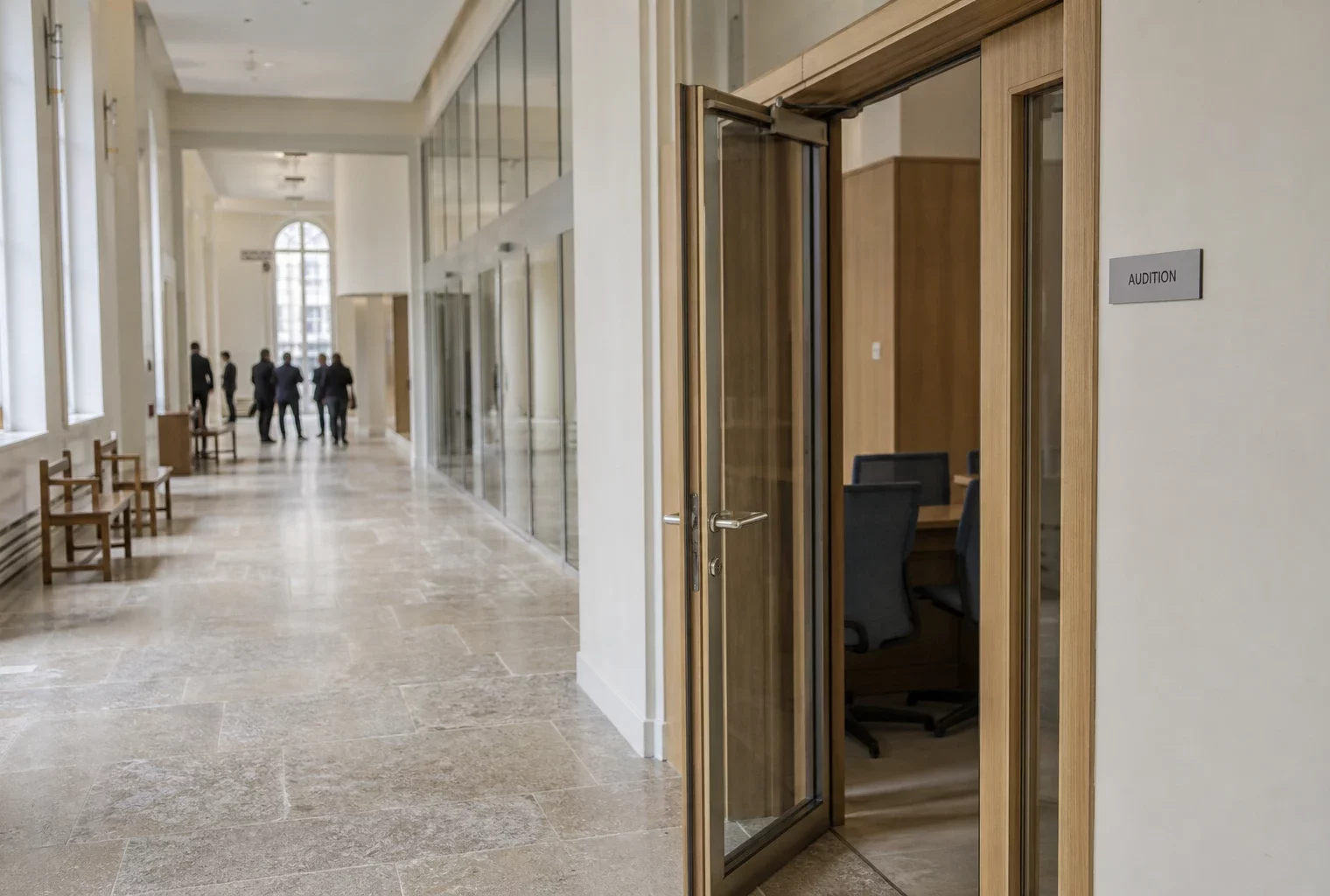 Couloir clair d’une institution française avec porte d’audition entrouverte et visiteurs flous