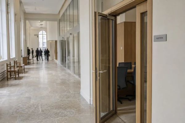 Couloir clair d’une institution française avec porte d’audition entrouverte et visiteurs flous