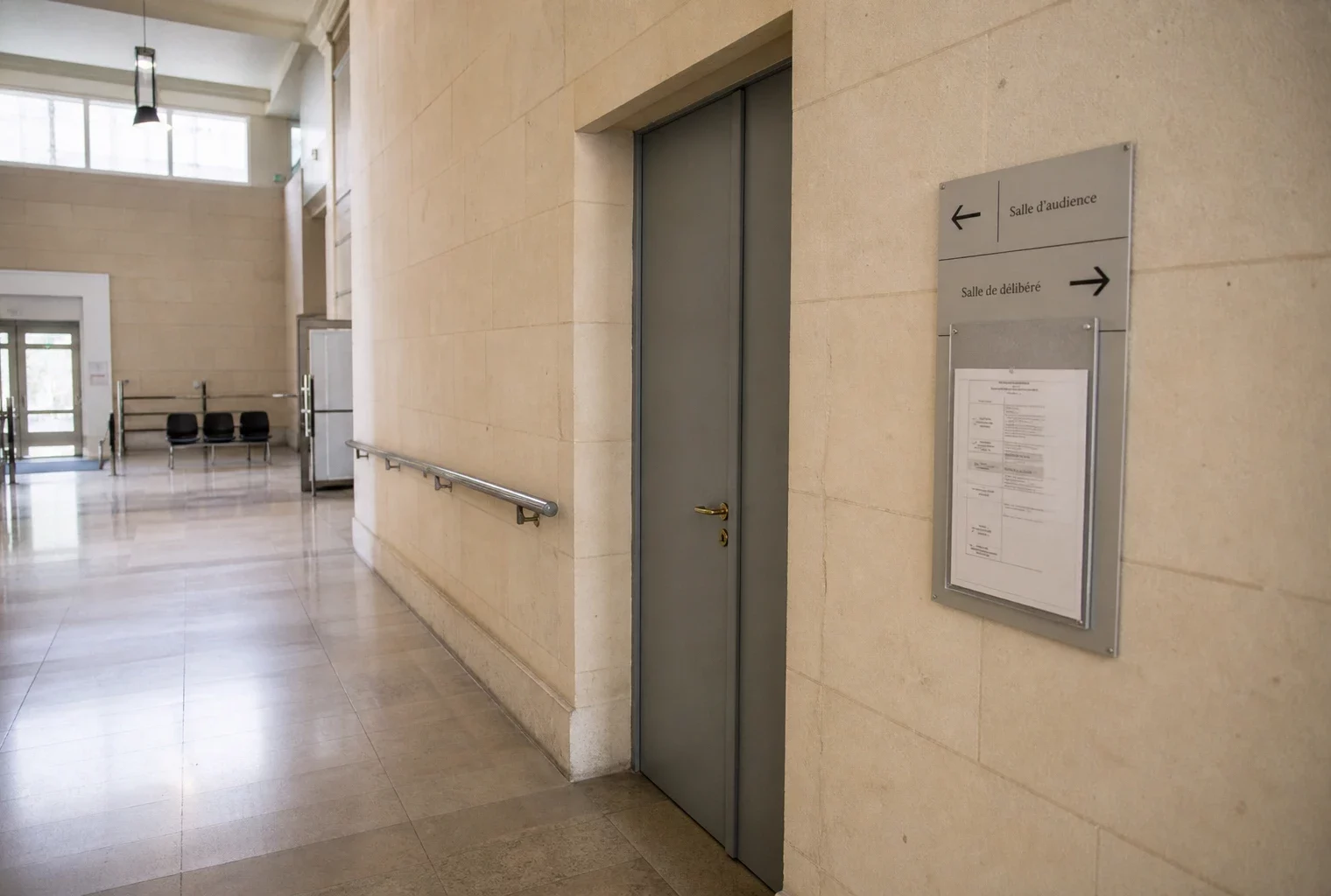 Couloir clair d’une institution indépendante à Paris, porte sobre et salle d’audition en arrière-plan