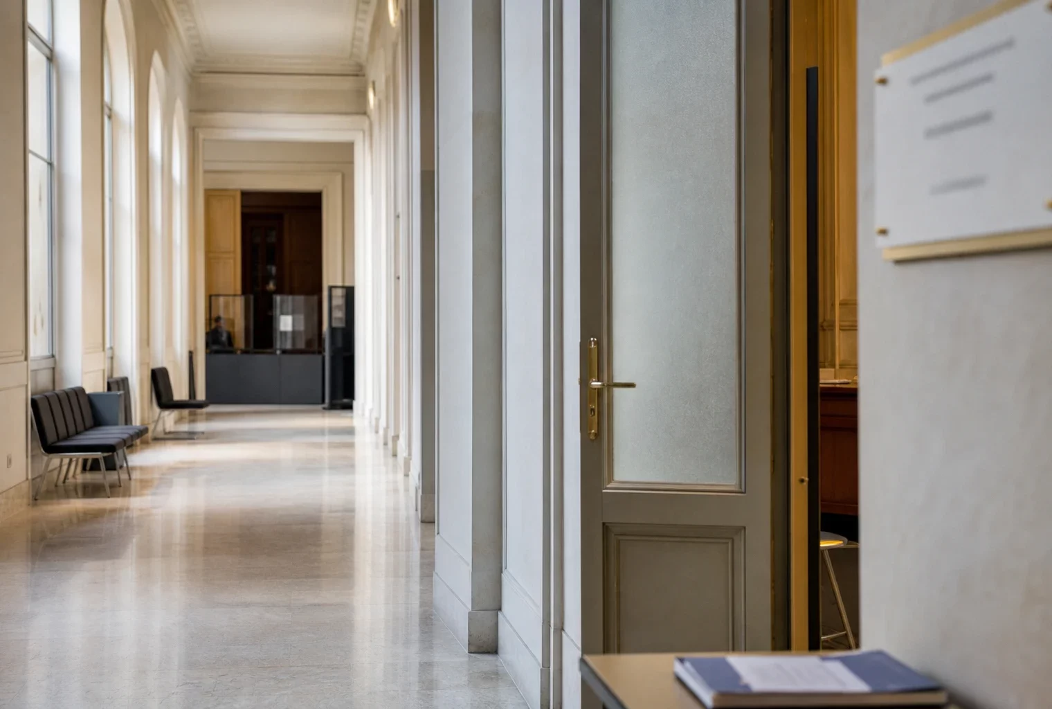 Couloir clair d’une institution française avec porte de salle d’audition et ambiance administrative sobre.