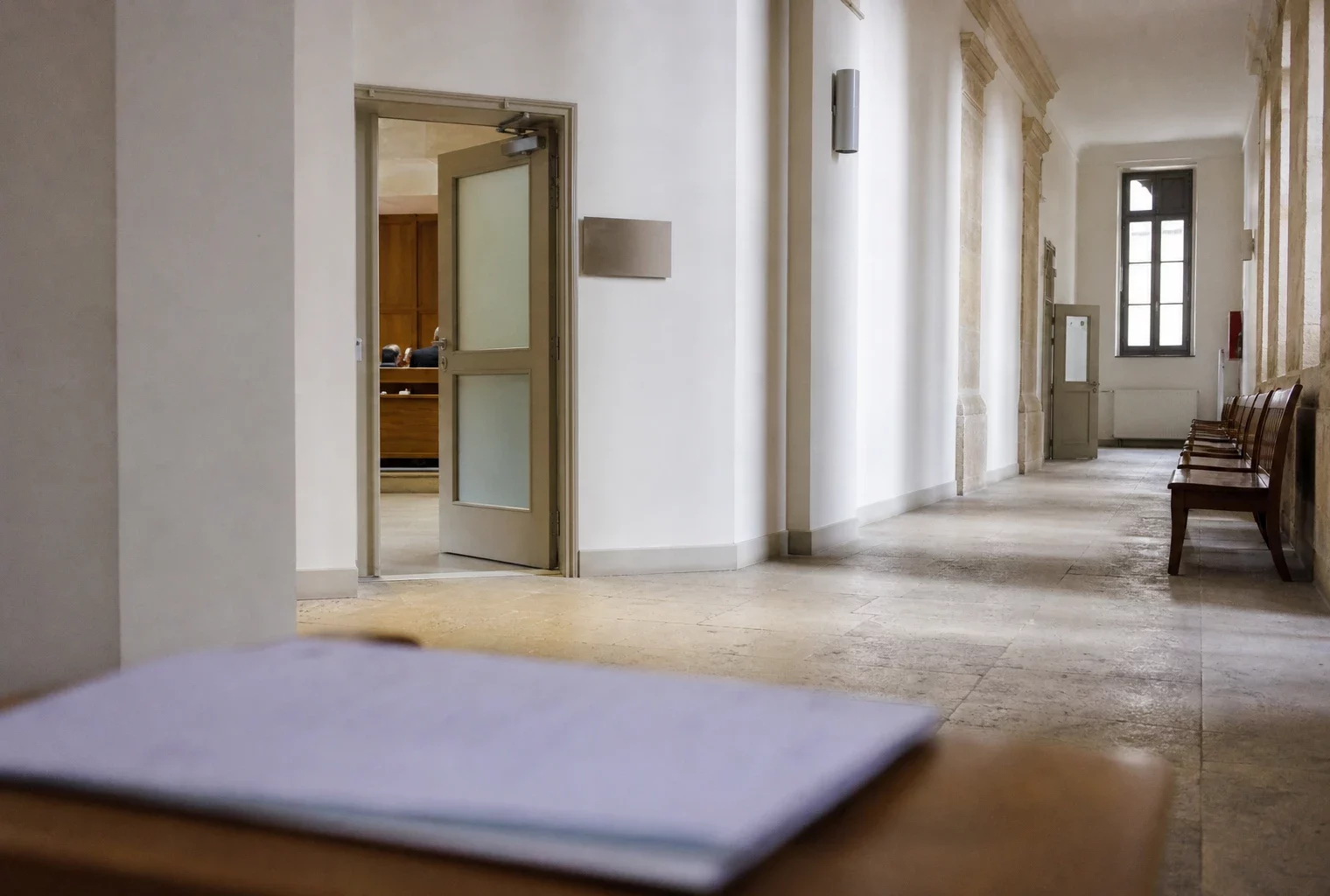 Couloir clair d’un bâtiment institutionnel français avec porte sobre et salle d’audition en arrière-plan.