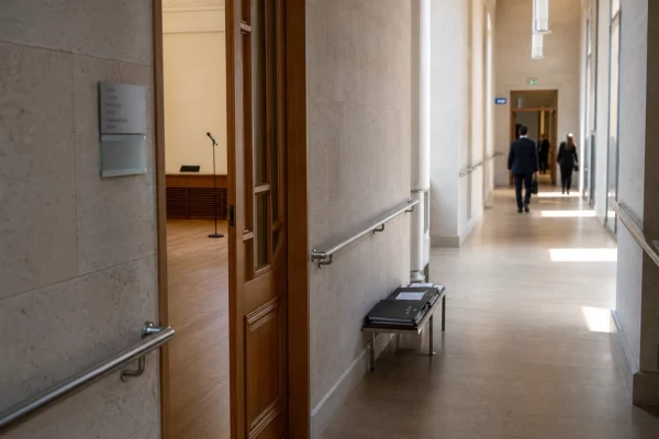 Couloir clair d’un bâtiment institutionnel français avec porte d’audition entrouverte et dossiers anonymes.