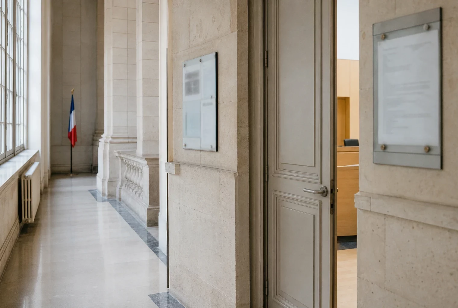 Couloir clair d’un bâtiment institutionnel français avec porte sobre et salle d’audition en arrière-plan.