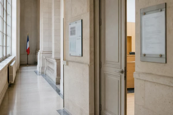 Couloir clair d’un bâtiment institutionnel français avec porte sobre et salle d’audition en arrière-plan.