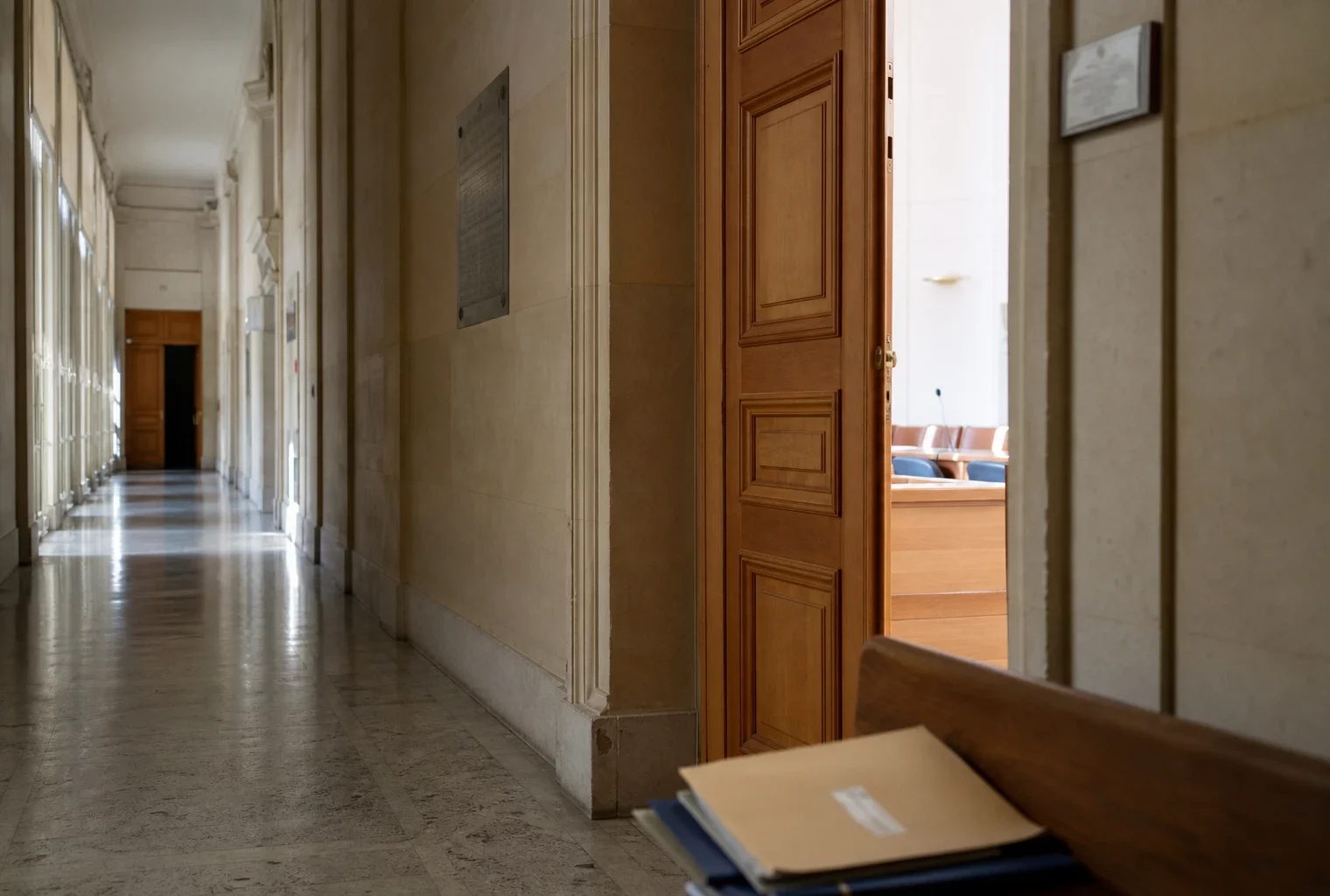 Couloir clair d’un bâtiment institutionnel français avec porte entrouverte vers une salle d’audition