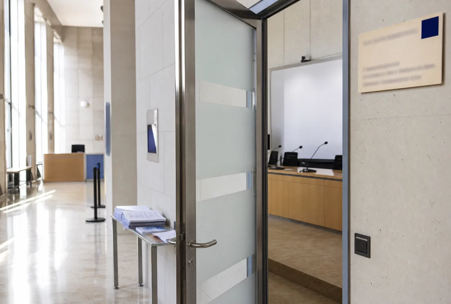 Couloir clair d’un bâtiment institutionnel français menant à une salle d’audition sobre et vide.