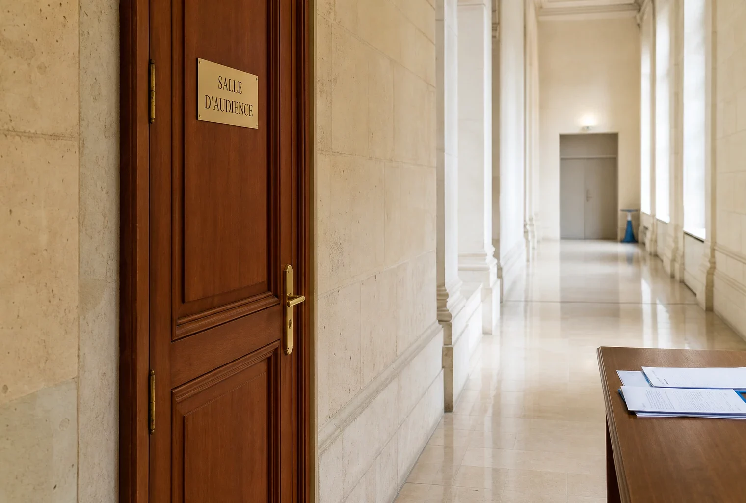 Couloir institutionnel lumineux menant à une salle d’audition, dans un décor officiel français sobre et vide.