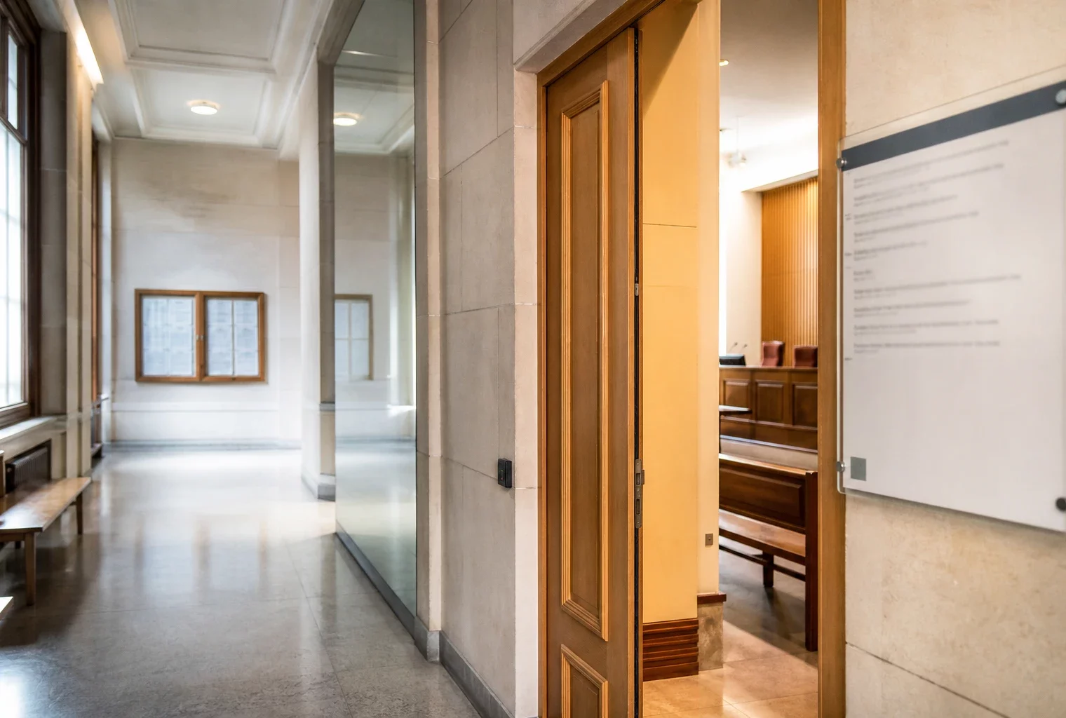 Couloir clair d’un bâtiment institutionnel français avec porte entrouverte, lumière naturelle et ambiance de séance officielle.