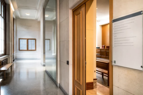 Couloir clair d’un bâtiment institutionnel français avec porte entrouverte, lumière naturelle et ambiance de séance officielle.