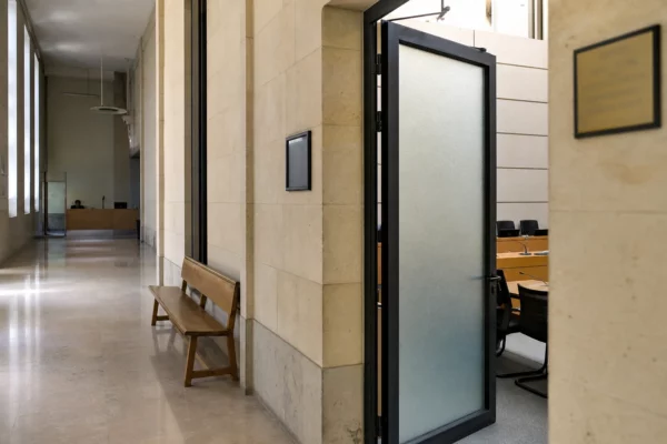Couloir clair d’une institution publique française menant à une salle d’audition, avec porte sobre et lumière naturelle.