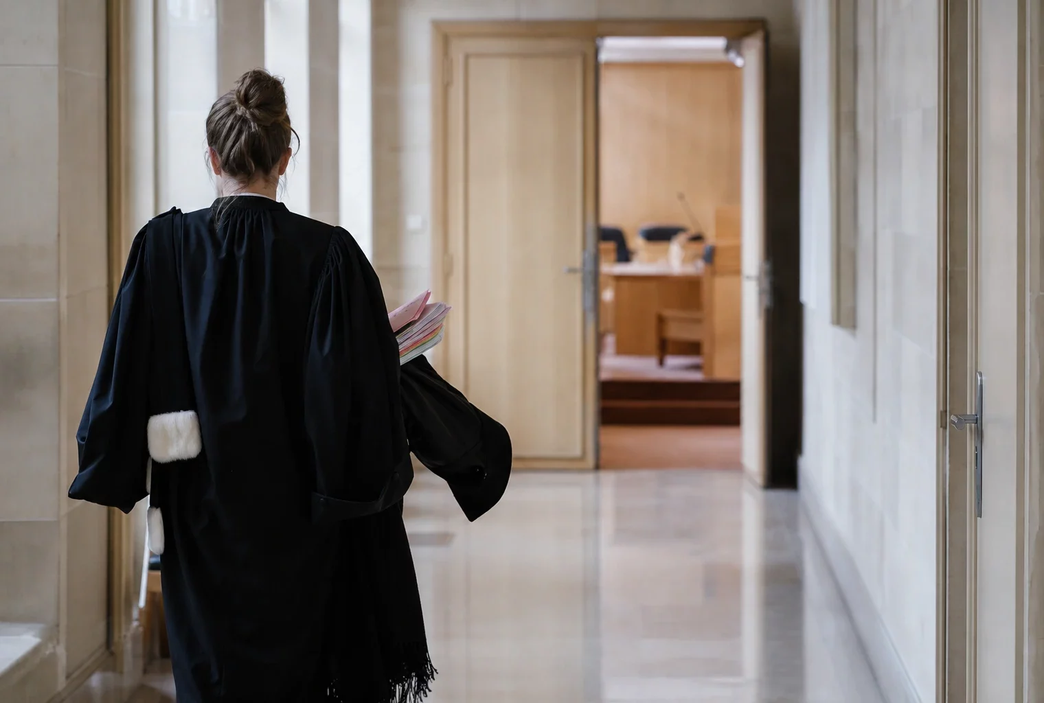 Couloir clair d’un bâtiment institutionnel français avec porte ouverte sur une salle d’audition vide.