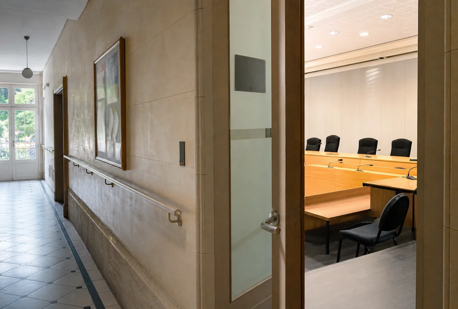 Couloir clair d’une institution publique française avec porte entrouverte sur une salle d’audition vide