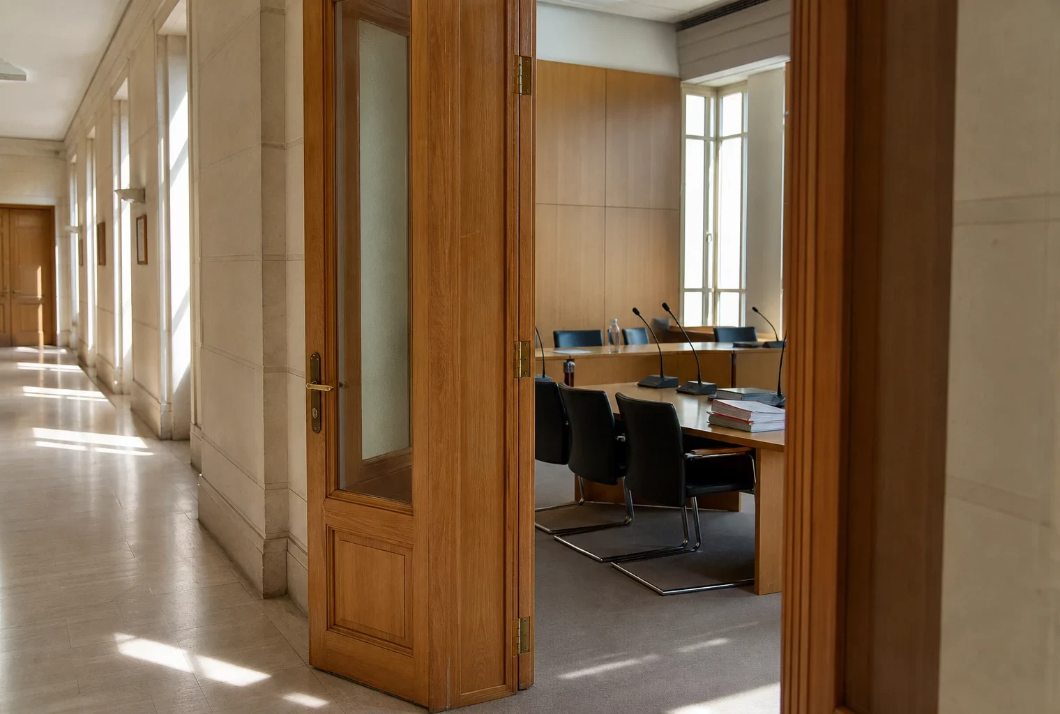 Couloir clair d’un bâtiment institutionnel français avec porte ouverte sur une salle d’audition vide.