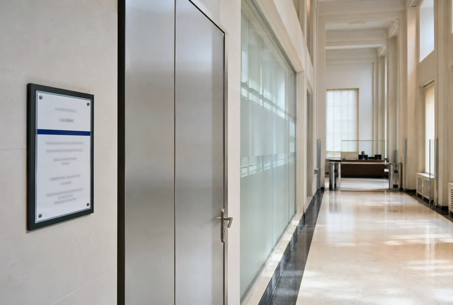 Couloir lumineux d’une institution européenne, porte sobre et salle d’audition floue dans une ambiance claire et neutre