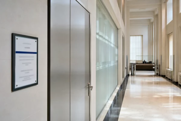Couloir lumineux d’une institution européenne, porte sobre et salle d’audition floue dans une ambiance claire et neutre