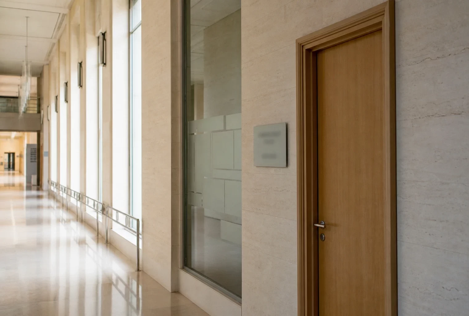 Couloir clair d’un bâtiment institutionnel avec porte sobre et lumière naturelle, sans texte lisible.