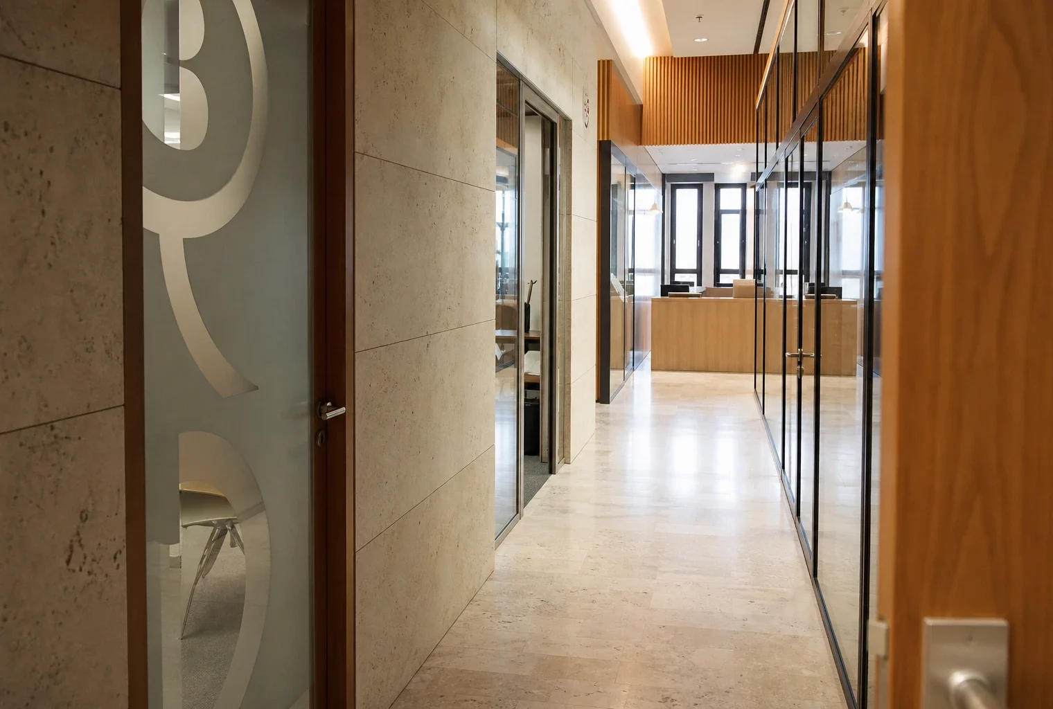Couloir clair d’un organisme public à Paris, porte sobre et ambiance institutionnelle apaisée.