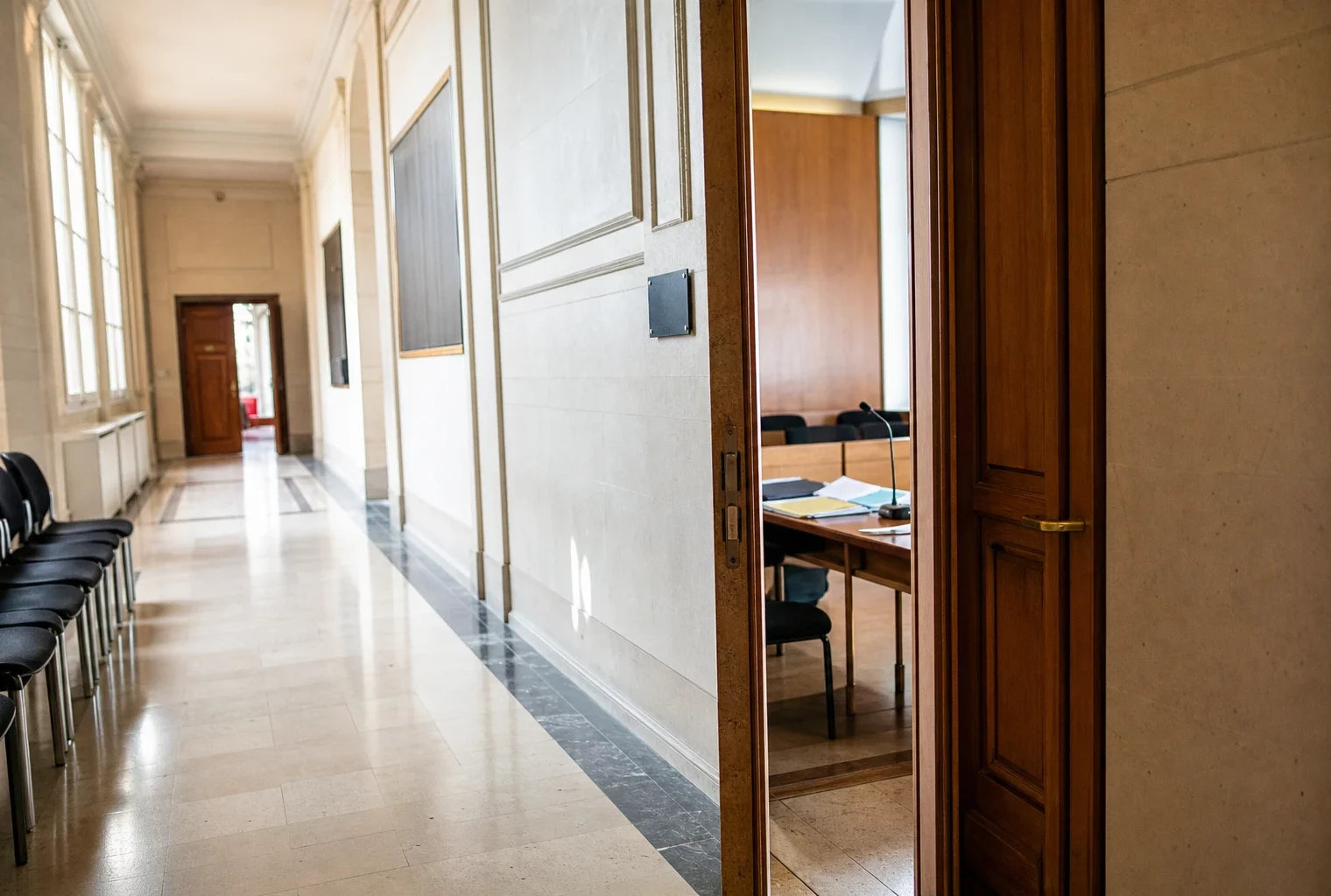 Couloir lumineux d’un bâtiment institutionnel français, avec porte ouverte vers une salle d’audition et dossiers flous.