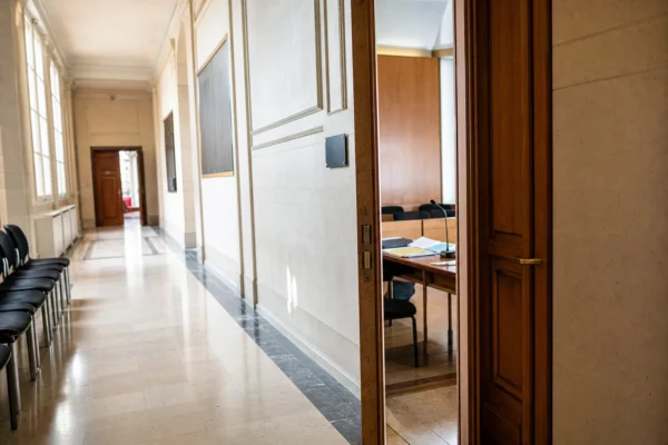 Couloir lumineux d’un bâtiment institutionnel français, avec porte ouverte vers une salle d’audition et dossiers flous.