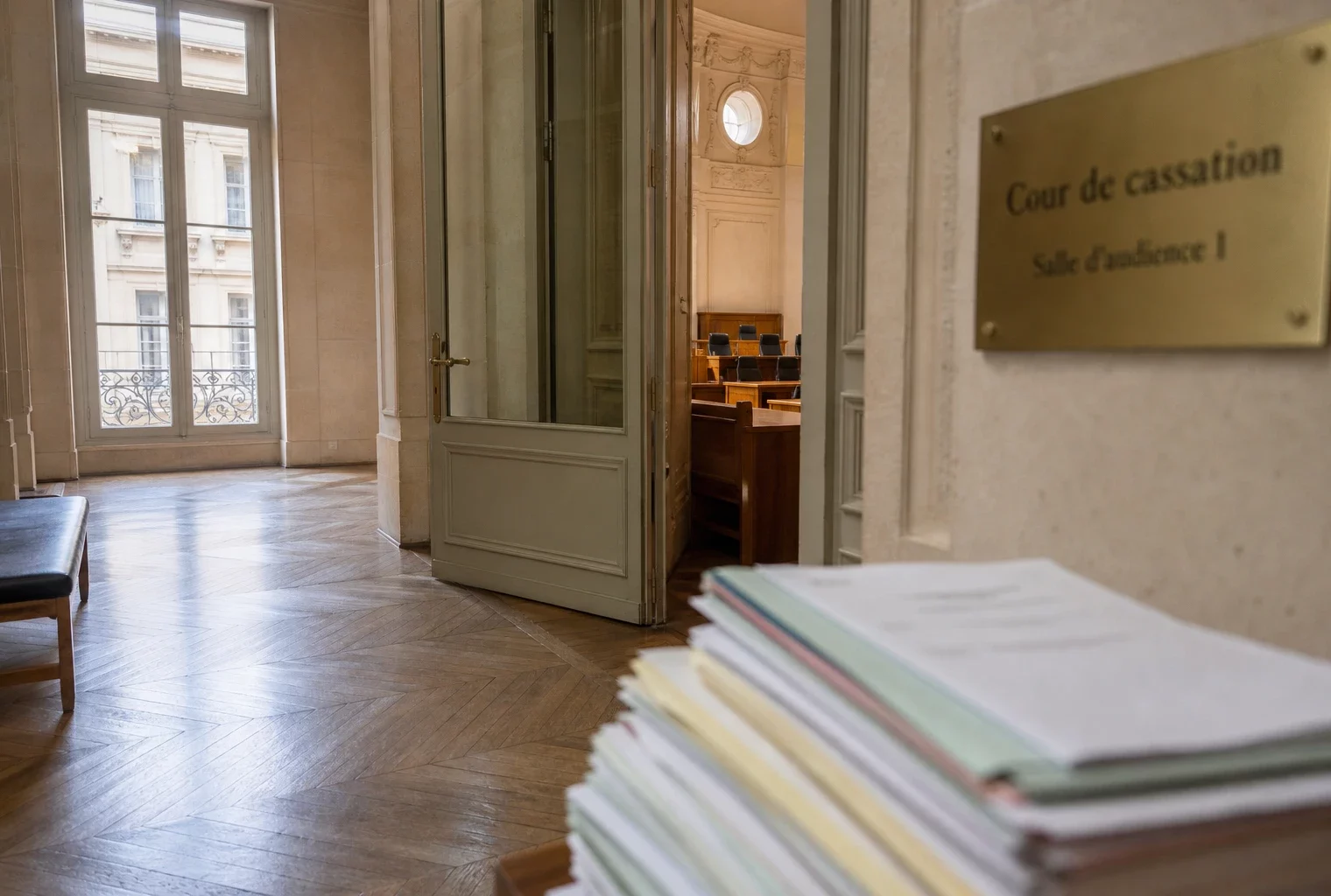 Couloir institutionnel lumineux d’un palais de justice, avec porte d’audience entrouverte et dossier flou sur un banc.