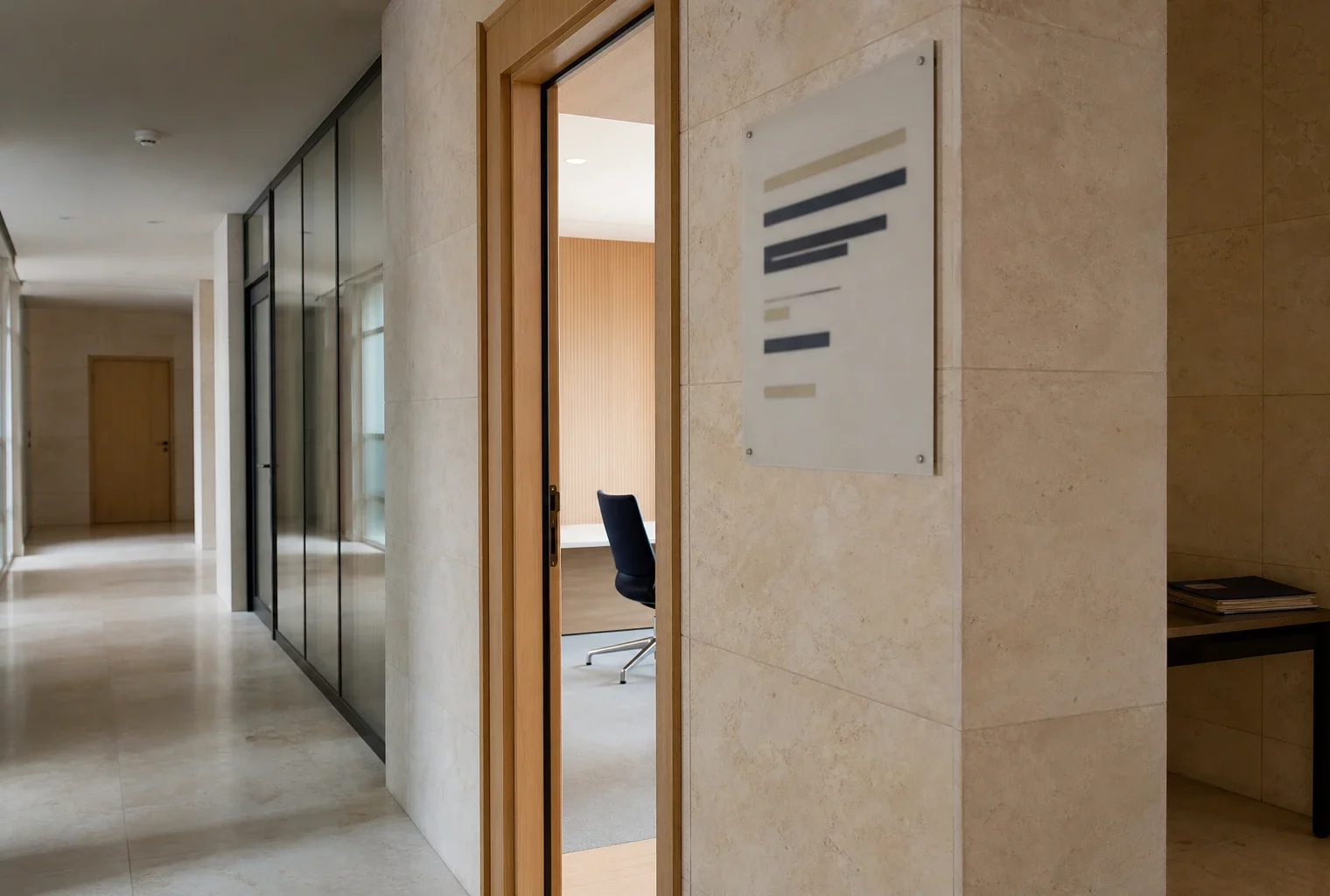 Couloir clair d’une institution publique française, porte de salle d’audition et ambiance sobre de contrôle budgétaire.