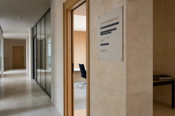 Couloir clair d’une institution publique française, porte de salle d’audition et ambiance sobre de contrôle budgétaire.