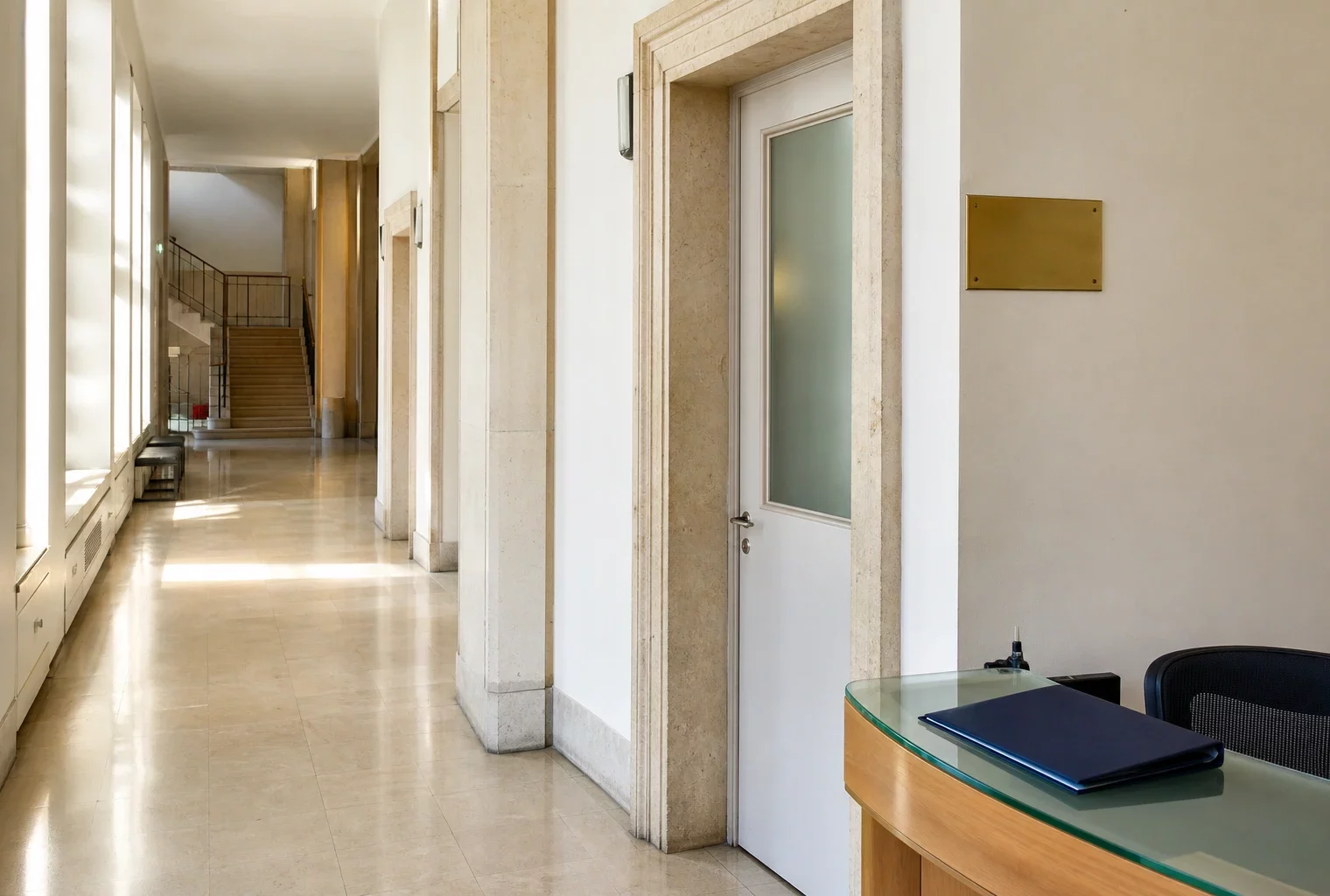 Couloir institutionnel clair avec porte sobre et hall officiel vide, en lumière naturelle, style photojournalistique.
