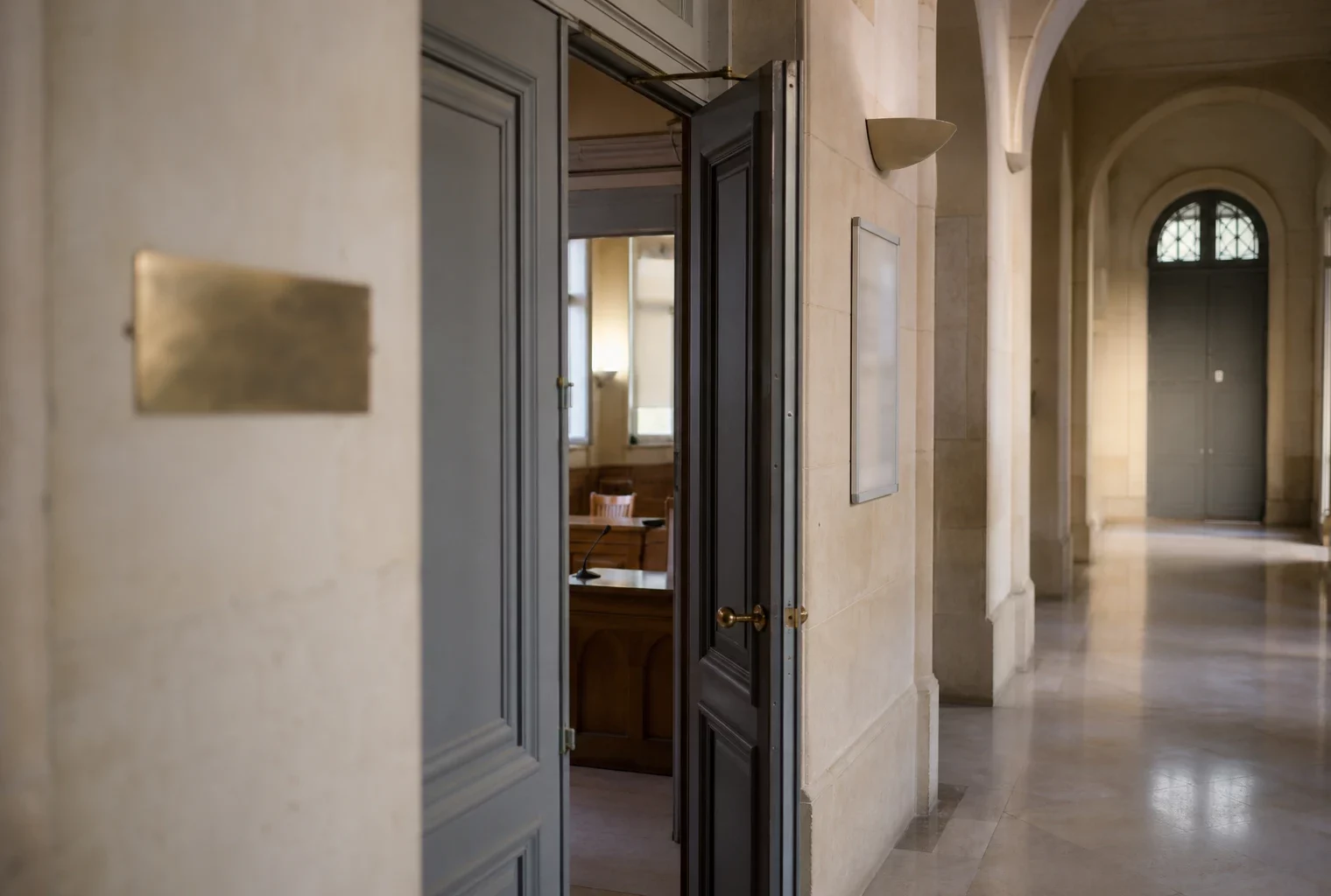 Couloir lumineux d’un palais de justice français, vue oblique, portes ouvertes et ambiance institutionnelle calme.