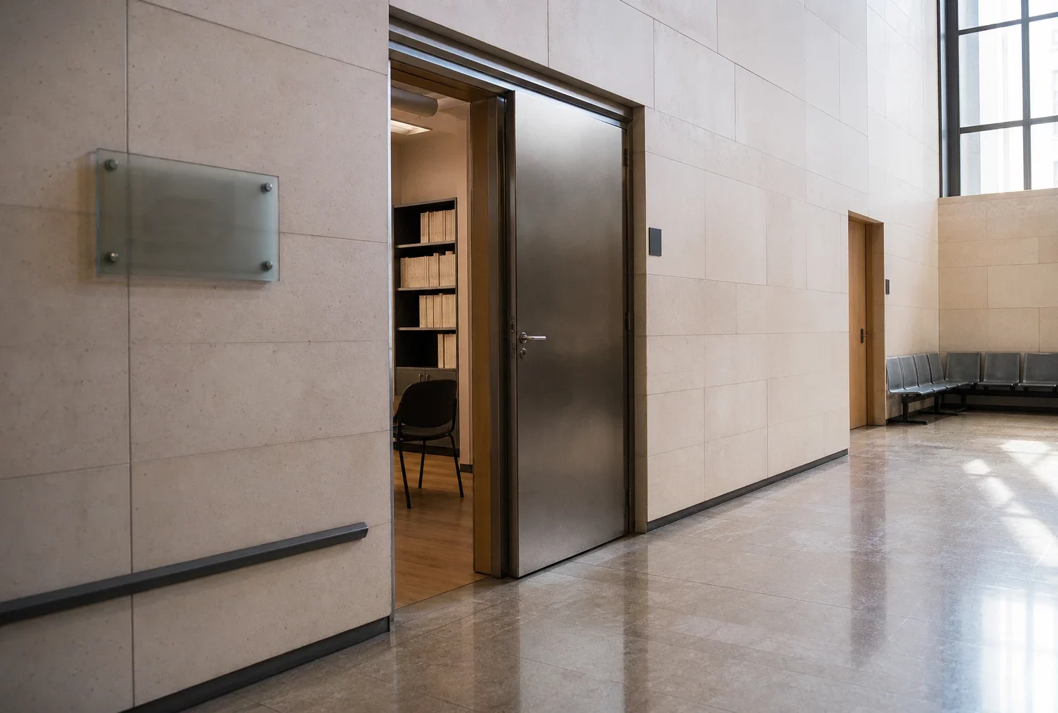 Couloir lumineux d’un lieu institutionnel français, porte sobre et salle d’audition en arrière-plan, ambiance éditoriale calme.