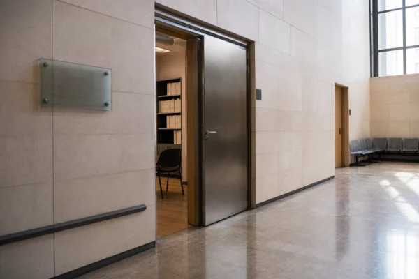 Couloir lumineux d’un lieu institutionnel français, porte sobre et salle d’audition en arrière-plan, ambiance éditoriale calme.