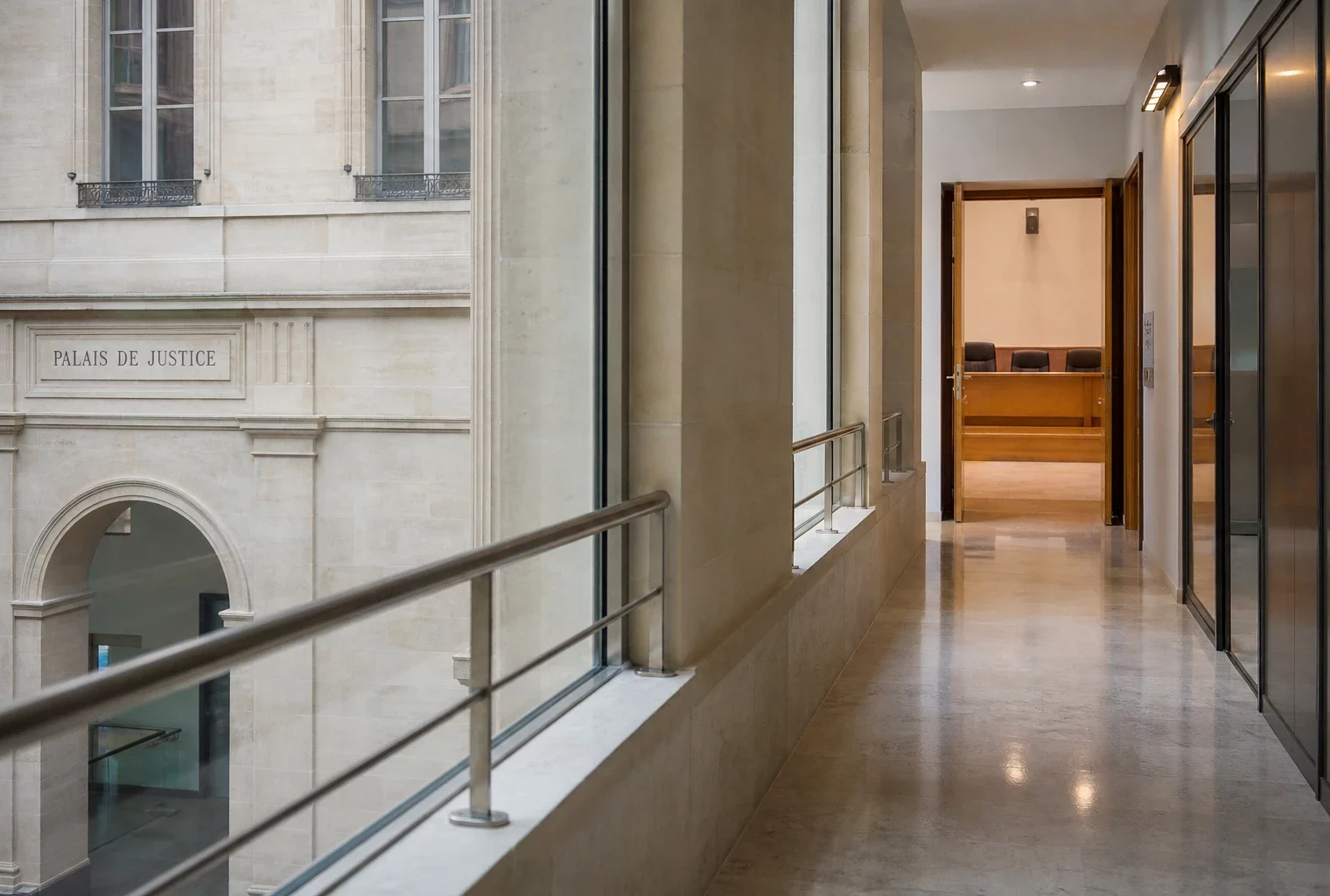 Couloir clair d’un bâtiment institutionnel français avec salle d’audition visible au fond.