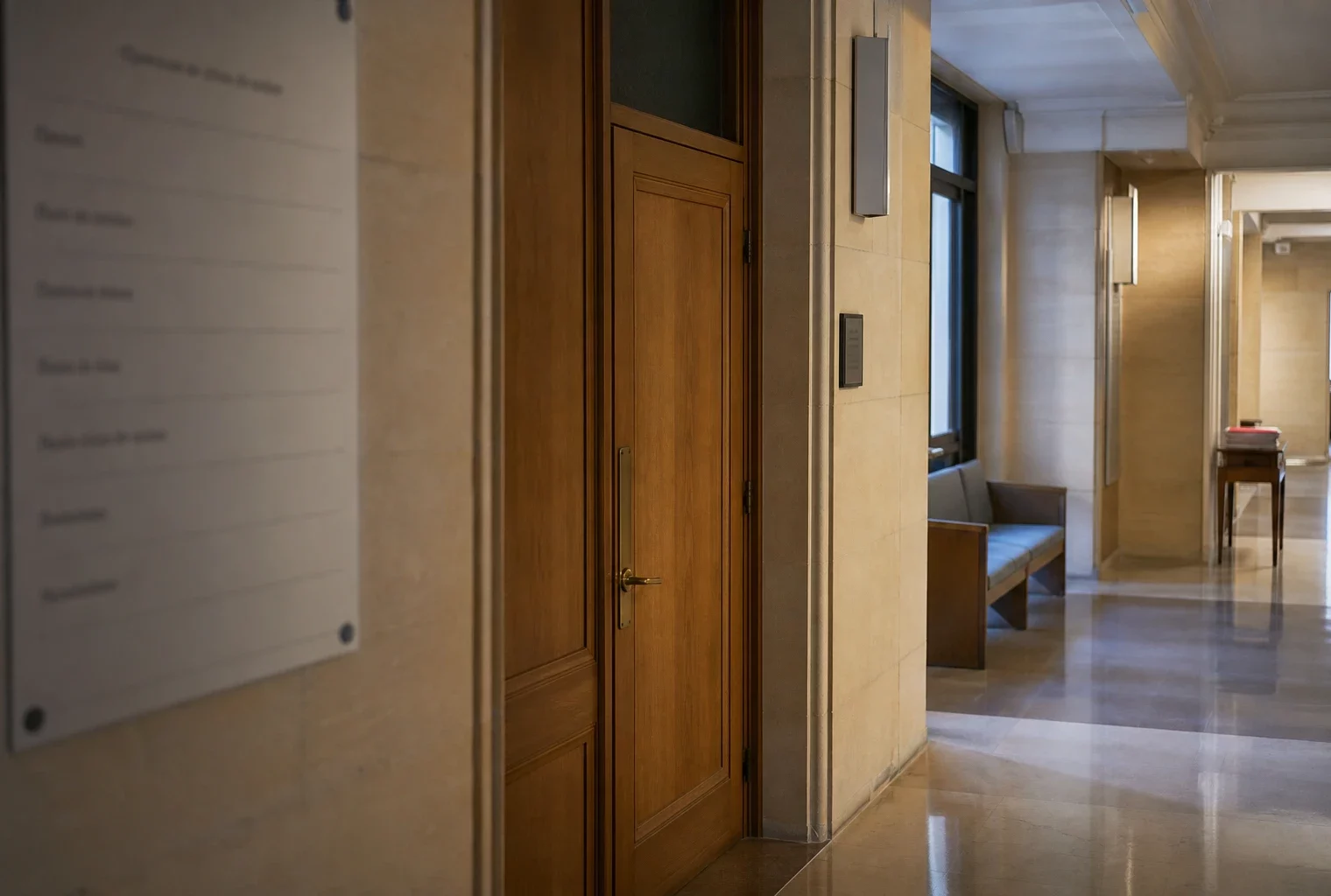 Couloir clair d’un bâtiment institutionnel français avec porte d’audition et lumière naturelle