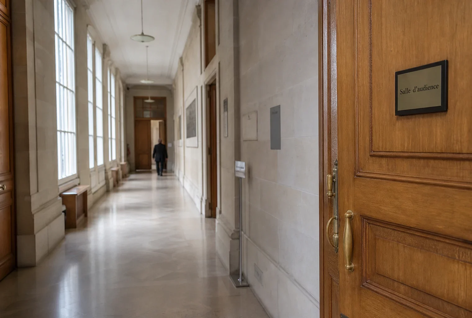 Couloir lumineux d’un bâtiment institutionnel français, porte d’audition entrouverte et ambiance de reportage éditorial.