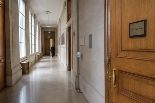 Couloir lumineux d’un bâtiment institutionnel français, porte d’audition entrouverte et ambiance de reportage éditorial.