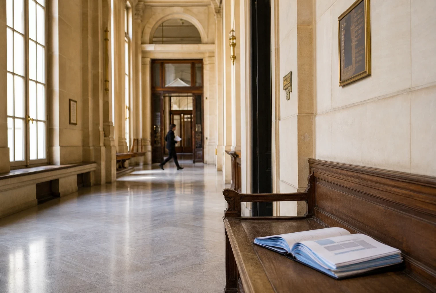 Couloir lumineux d’un palais de justice parisien avec un dossier juridique posé sur un banc