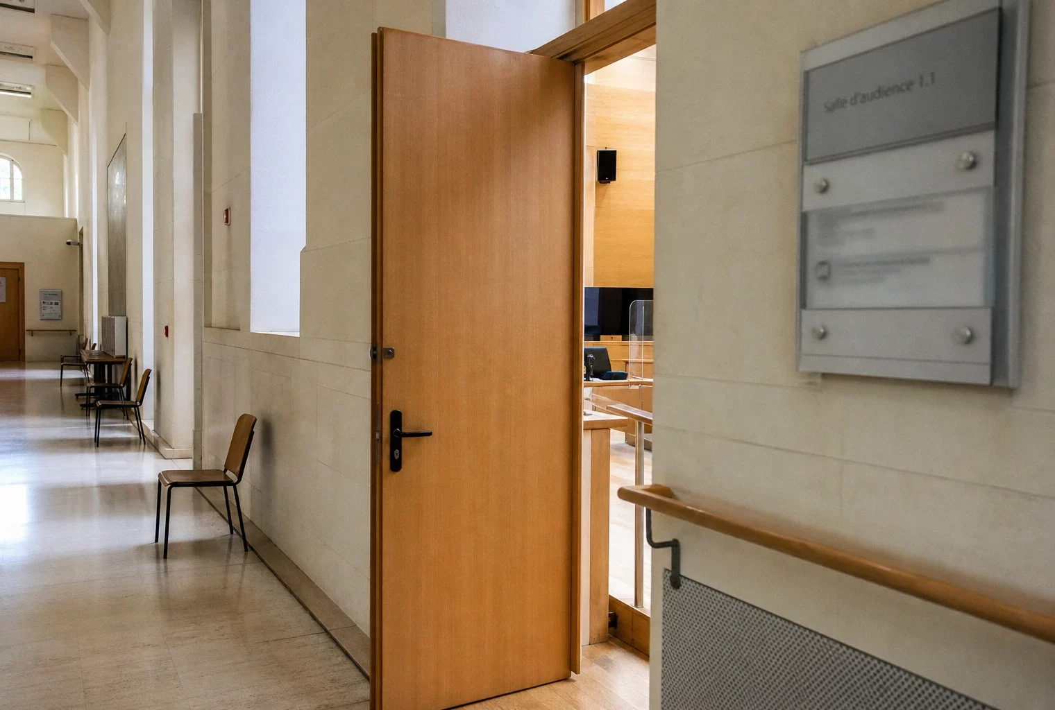 Couloir clair d’un bâtiment institutionnel français, porte entrouverte et salle d’audition sobre en arrière-plan.