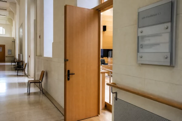 Couloir clair d’un bâtiment institutionnel français, porte entrouverte et salle d’audition sobre en arrière-plan.