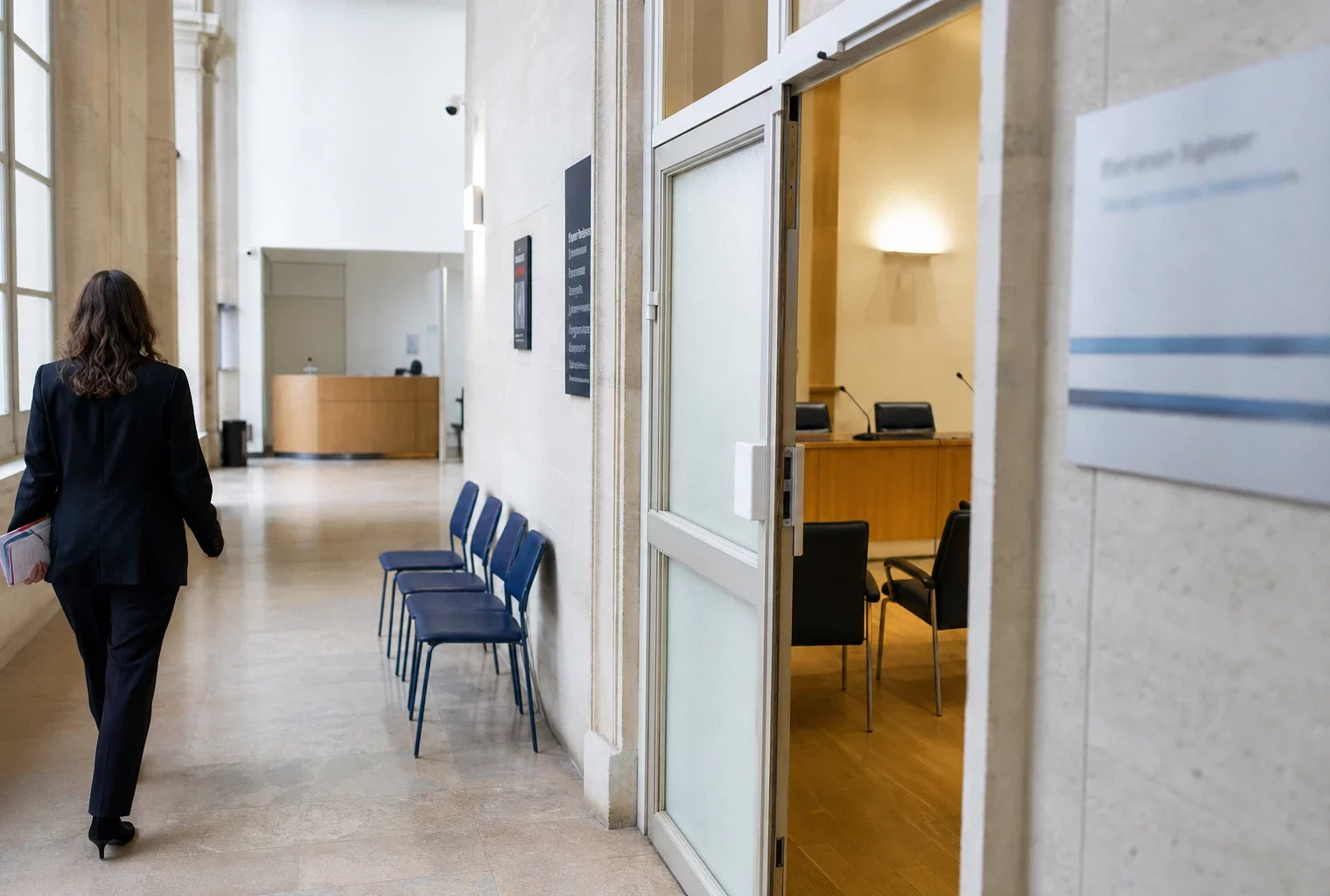 Couloir lumineux d’un bâtiment institutionnel français, avec porte sobre et salle d’audition en arrière-plan.