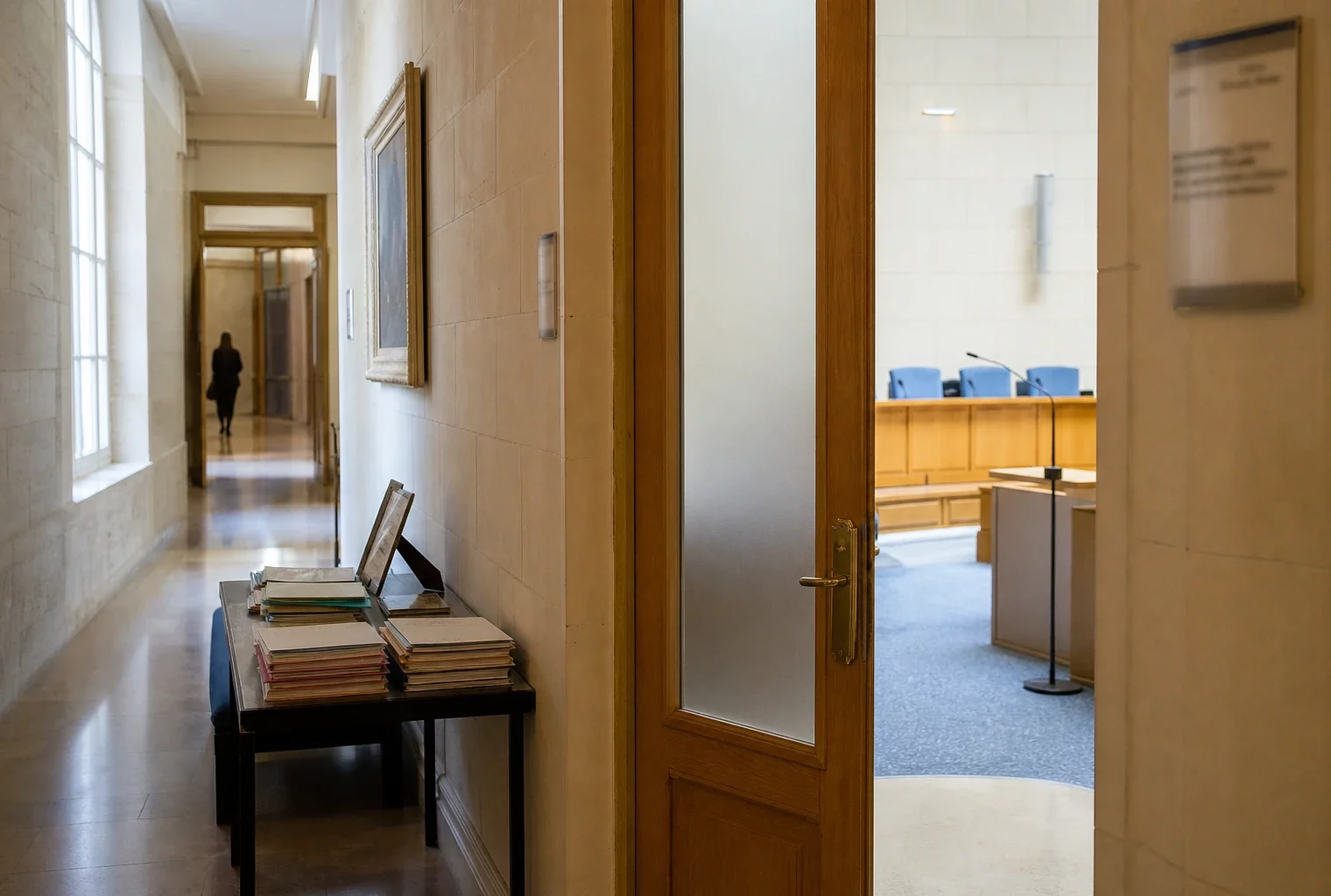 Couloir clair d’une institution française, porte entrouverte vers une salle d’audition vide, ambiance officielle et sobre.