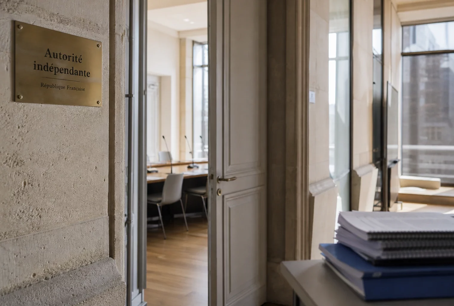 Couloir clair d’une autorité indépendante avec porte entrouverte sur une salle d’audition vide