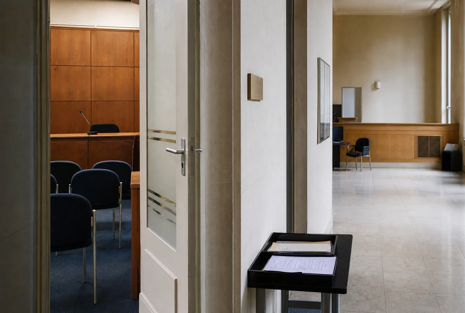 Couloir clair d’un bâtiment institutionnel français menant à une salle d’audition, ambiance sobre et documentaire