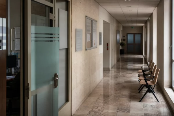 Couloir lumineux d’une institution de santé française, avec porte entrouverte et signalétique floue.