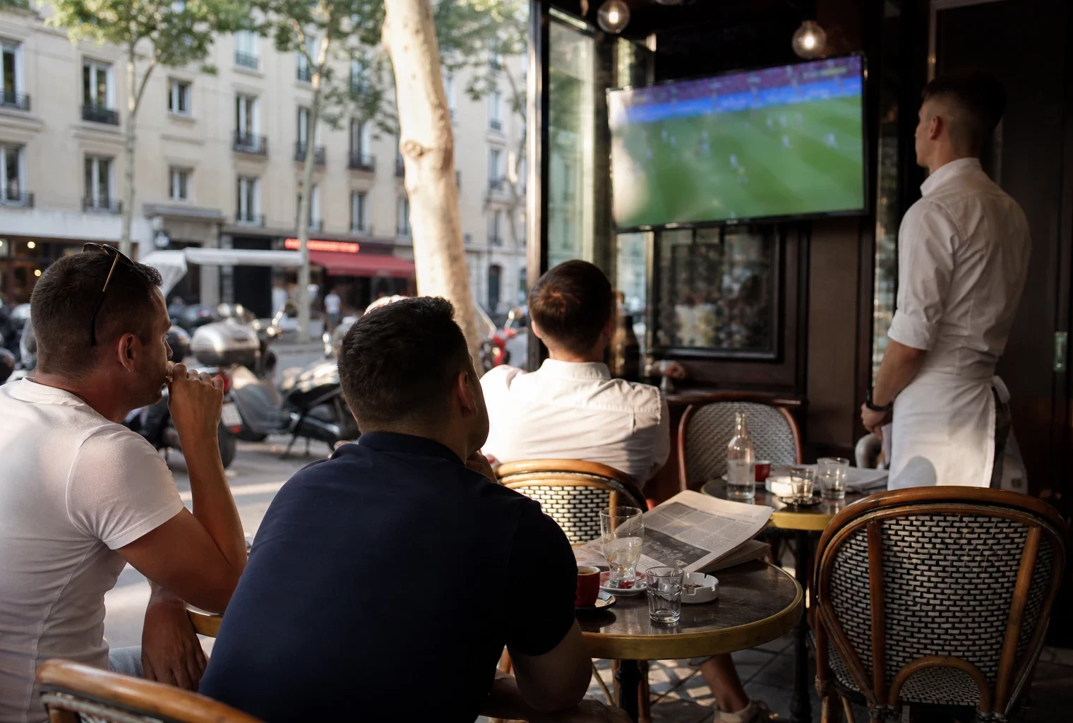 Terrasse de café française avec supporters regardant un match de football à la télévision, en ambiance de reportage.