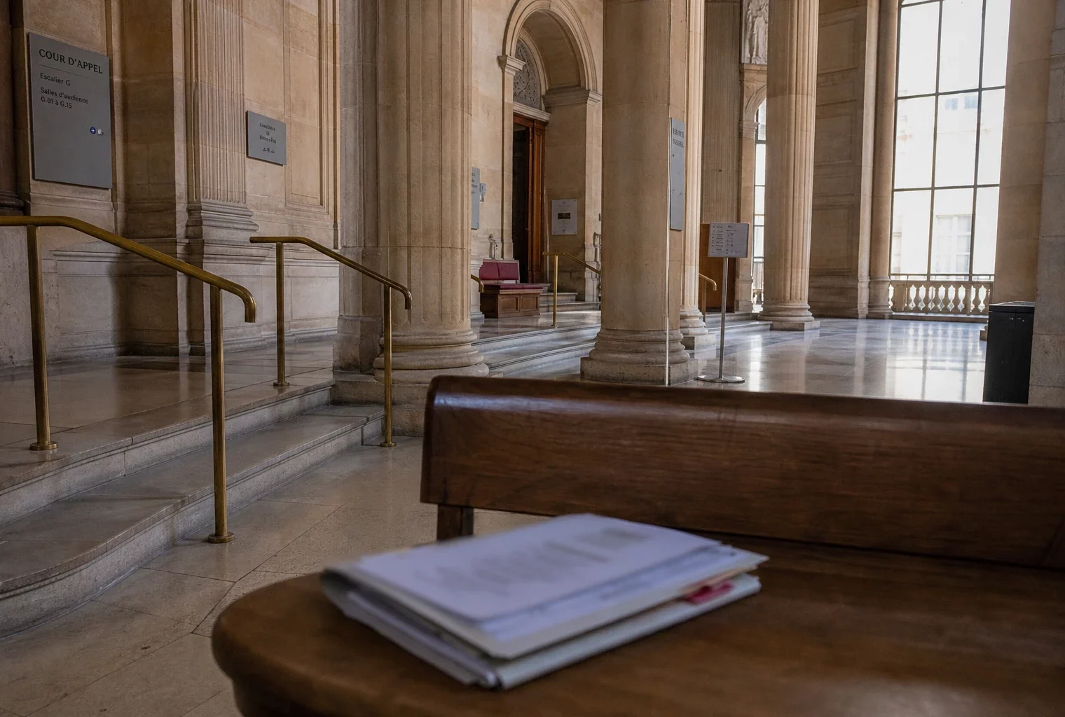 Intérieur lumineux d’une cour d’appel parisienne vide, avec marbre clair et dossier flou sur un banc.